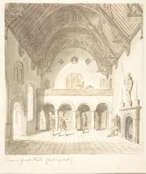 Castello di Lea, Worcestershire, Vista nella Grande Sala, Guardando a Ovest, ca. 1816