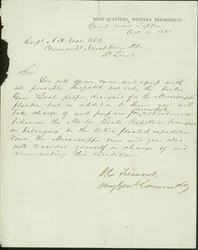 Lettera firmata J.C. Fremont, Maggiore Generale Comandante, Quartier Generale, Dipartimento Occidentale, campo vicino a Tipton, al Capitano A.H. Foote, U.S.N. Comandante delle Forze Navali H.D., St. Louis, 11 ottobre 1861