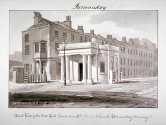 Vista est della nuova casa del pedaggio vicino alla chiesa di San Giacomo, Bermondsey, Londra