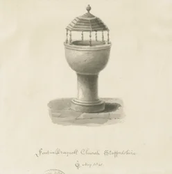 Fonte battesimale nella chiesa di Draycott in the Moors: disegno a seppia