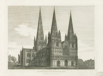 Cattedrale di Lichfield - Facciata Ovest: incisione, nd [c 1820]