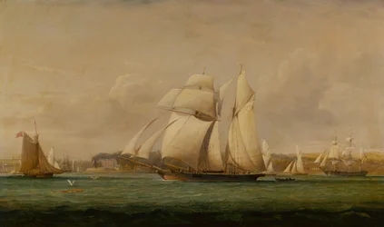 Un brigantino a vela, due cutter del Royal Yacht Squadron e una nave mercantile americana
