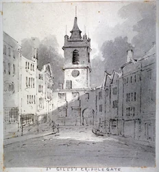 Chiesa di St Giles senza Cripplegate da Fore Street, City of London, 1790