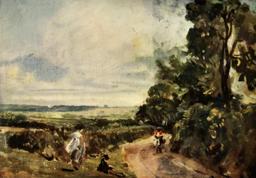 Una strada di campagna con alberi e figure