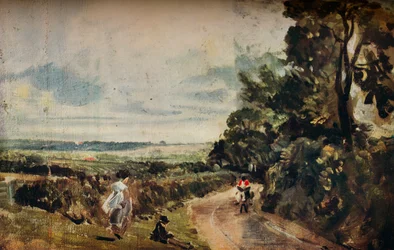Una strada di campagna con alberi e figure recto, Casa di Willy Lott verso, c1830