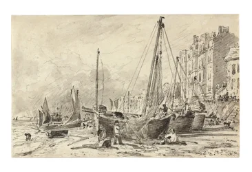 Barche da pesca arenate con pescatori che riparano le reti sulla spiaggia a Brighton, guardando a ovest, c.1824-28