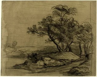 Riva del fiume con alberi (recto); mandria di bovini sotto gli alberi, con schizzo del paesaggio (verso)
