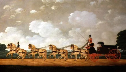 La carrozza di Sua Maestà con un team di otto roani sulla strada