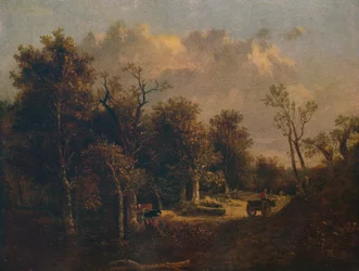 Il bordo della foresta, con carro agricolo e bestiame, c1811