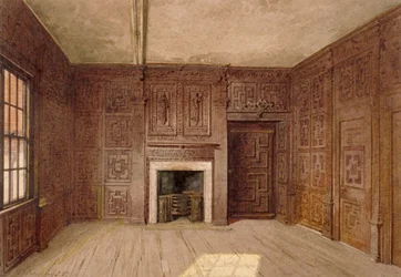 Vista interna della Compton Oak Room, Canonbury House, Islington, Londra, 1887
