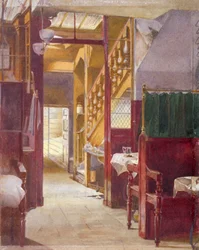 Veduta interna con la scala della Cock Tavern, Fleet Street, City di Londra, 1881