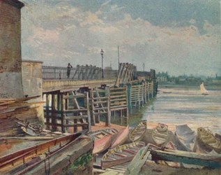 Vecchio ponte di Battersea, dalla riva nord, guardando attraverso il Tamigi, Londra, 1885 1926
