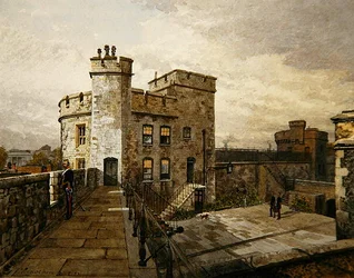 Veduta della Torre Devereux, Torre di Londra, con figure in abiti militari
