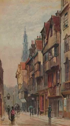 Vista di Wych Street, Westminster, guardando a est dal cancello di New Inn, Londra