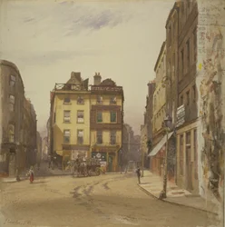 Veduta di Wych Street e Holywell Street, Westminster con la taverna Rising Sun, 1881
