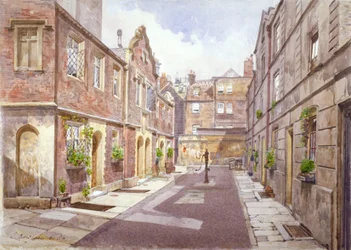 Veduta delle Case di Carità in Cock Court, Jewry Street, Città di Londra