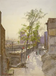 Vista dei magazzini guardando a ovest dalla Cradle Tower, Torre di Londra, Stepney, Londra, 1883