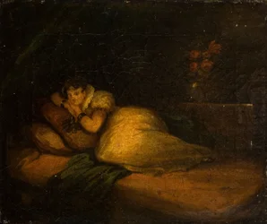 Interno con donna su un letto