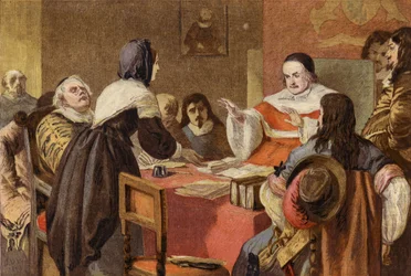 La moglie di John Bunyan che supplica Sir Matthew Hale per il rilascio del marito dalla prigione di Bedford (cromolitografia)