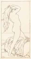 Nudo in piedi che si lega i capelli