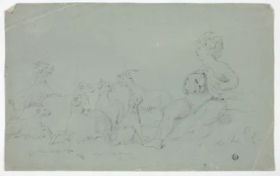 Bassorilievo antico con ragazzo seduto che tiene un falco e accompagnato da cane, pecore e capre