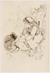 Ragazza seduta e grande uccello