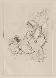 Ragazza seduta e grande uccello