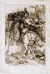 Due cavalieri al galoppo [uno porta la propria testa]