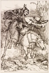 Due cavalieri al galoppo [uno porta la propria testa]