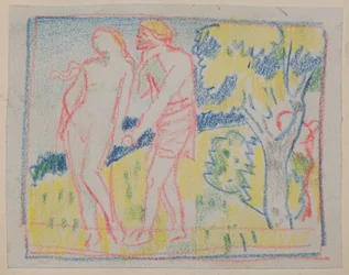 Senza titolo [Figura maschile e femminile in un paesaggio]