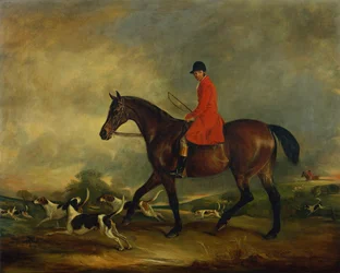 Capitano Garth sul suo cavallo baio con cani da caccia