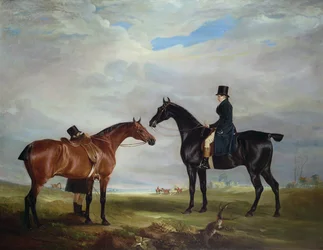 Frank Hall Standish sul suo cavallo da caccia nero con uno stalliere e un secondo cavallo