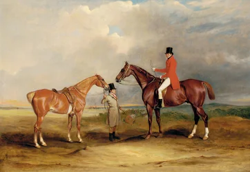 Ritratto di John Drummond su un cavallo con un groom che tiene il suo secondo cavallo, in un paesaggio, una battuta di caccia oltre, 1831