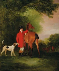 Ritratto di Lord Lismore in un cappotto da caccia con il suo cavallo baio e un cane, in un paesaggio, una battuta di caccia oltre