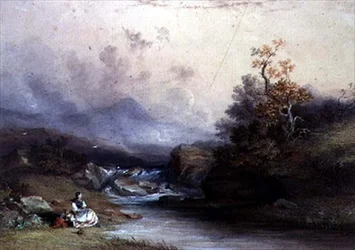 Veduta di un torrente di montagna, con due figure femminili