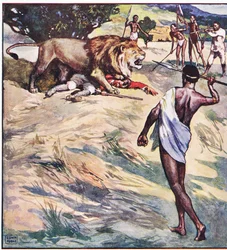 Mi afferrò per la spalla e caddero entrambi a terra (litografia a colori)