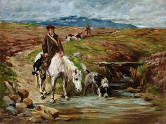 Cavallo e spaniel che bevono da un ruscello