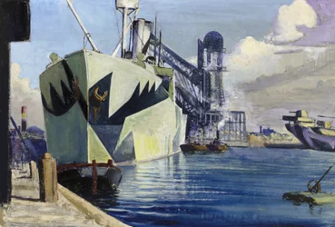 Molo Canada a Liverpool, con una nave da guerra ancorata, dipinta con camuffamento colorato. Dipinto di Herbert Barnard John Everett (1876-1949)