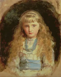 Ritratto di Beatrice Caird con un vestito bianco e una fascia blu