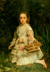 Ritratto di Gracia, a figura intera, che indossa un vestito bianco, raccogliendo fiori selvatici