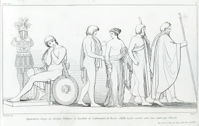 Agamennone incaricò gli araldi Taltibio ed Euribate di rapire Briseide; Achille la consegnò nelle loro mani tramite Patroclo. Disegno di John Flaxman. Iliade di Omero. Canto I