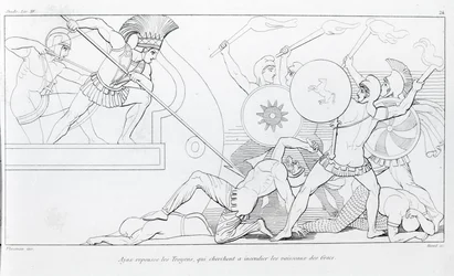 Aiace respinge i Troiani che cercano di bruciare le navi greche. Disegno di John Flaxman. Iliade di Omero. Canto XV.