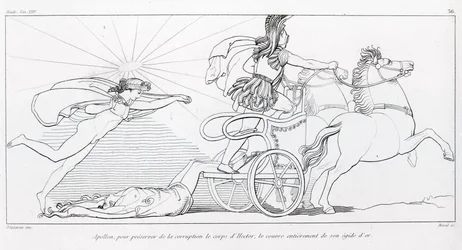 Apollo, dio del Sole, per preservare il corpo di Ettore lo copre interamente con la sua egida dorata. Canto XXIV. Disegno di John Flaxman. Iliade di Omero