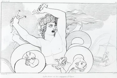 Episodio di Cariddi e Scilla: sei compagni di Ulisse vengono divorati. Disegno di John Flaxman (1755 - 1826). Odissea di Omero. Canto XII