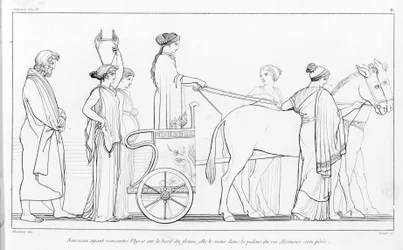 Nausicaa, che ha appena incontrato Ulisse, lo porta al palazzo di suo padre, il re Alcinoo. Disegno di John Flaxman (1755 - 1826). Odissea di Omero. Canto VI