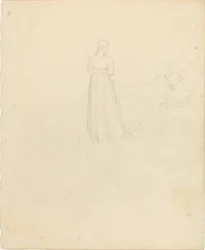 Figura femminile in piedi che guarda figure reclinate e sedute