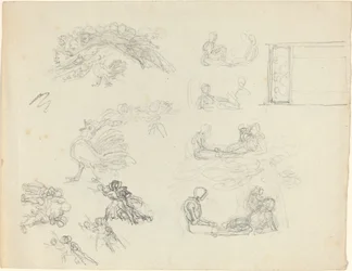 Studi di gallo che canta e figure reclinate (recto e verso)