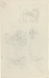 Studi di un letto di malato e decorazioni per la facciata di Buckingham Palace (recto e verso)