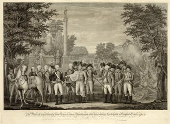 La resa delle armi britanniche al Gen. Washington dopo la loro sconfitta a York Town in Virginia ottobre 1781, pub. 1819 (incisione)