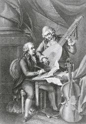 Ritratto di Franz Joseph Haydn e Wolfgang Amadeus Mozart che compongono musica per il liuto, inciso da Michele Benedetti